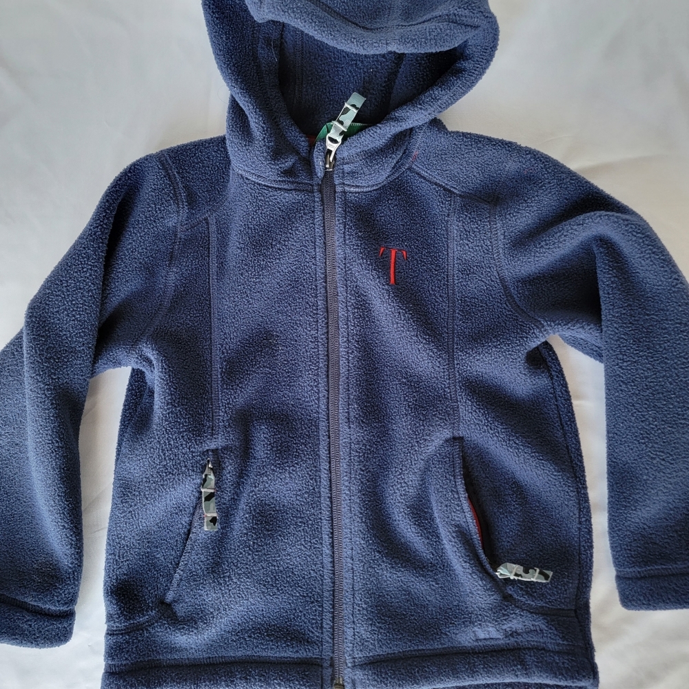 L.L.Bean Kids' Hooded Sweater Fleece, Navy Blue, Embroidered "T", Size S 4
